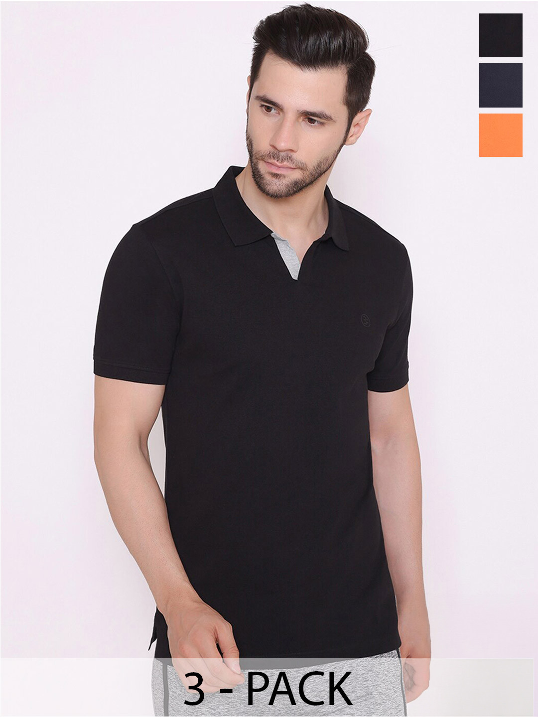 

BODYACTIVE Pack Of 3 Polo Collar Cotton T-shirt, Black