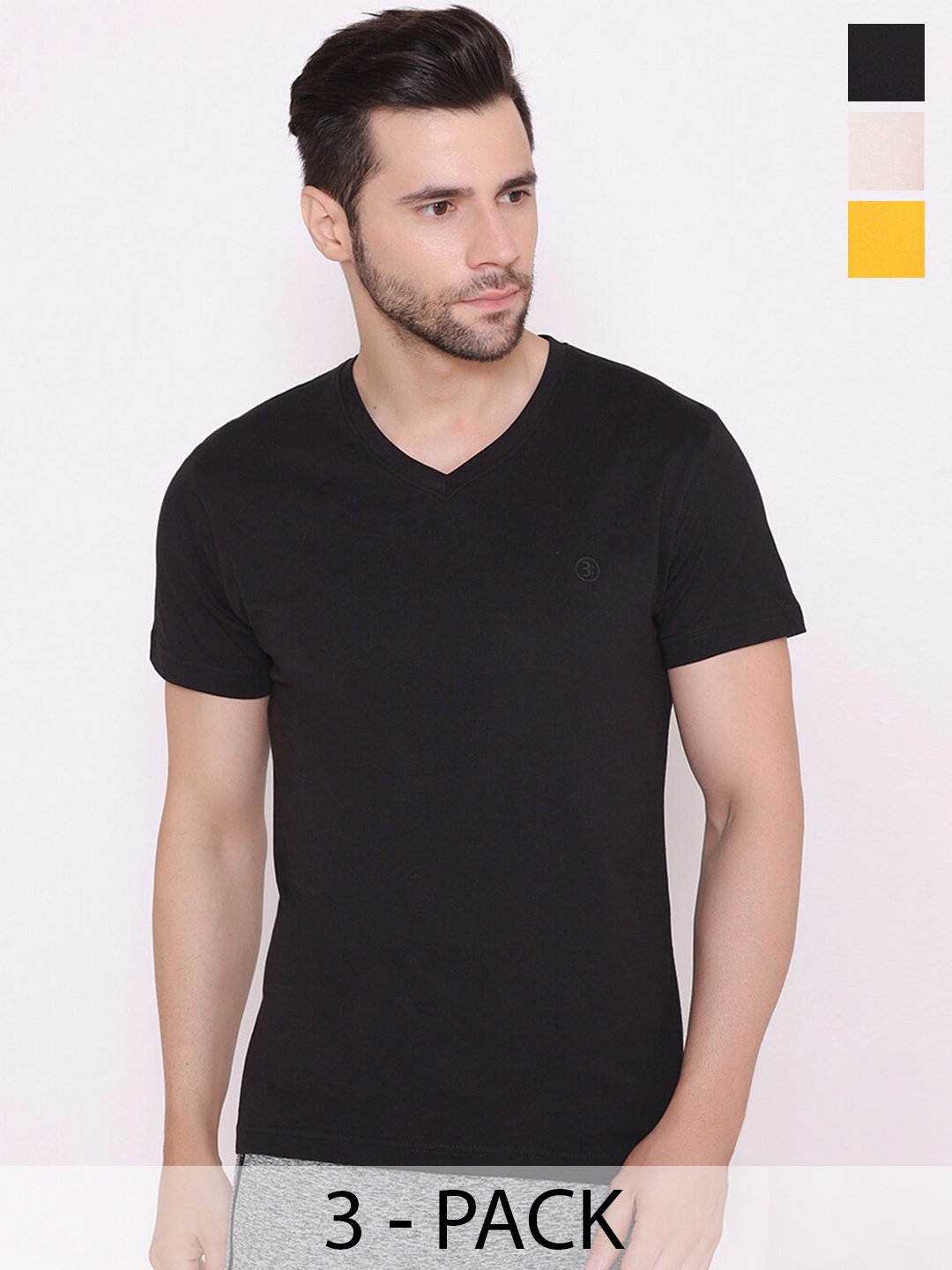 

BODYACTIVE Pack Of 3 V-Neck Short Sleeves Cotton T-shirt, Black