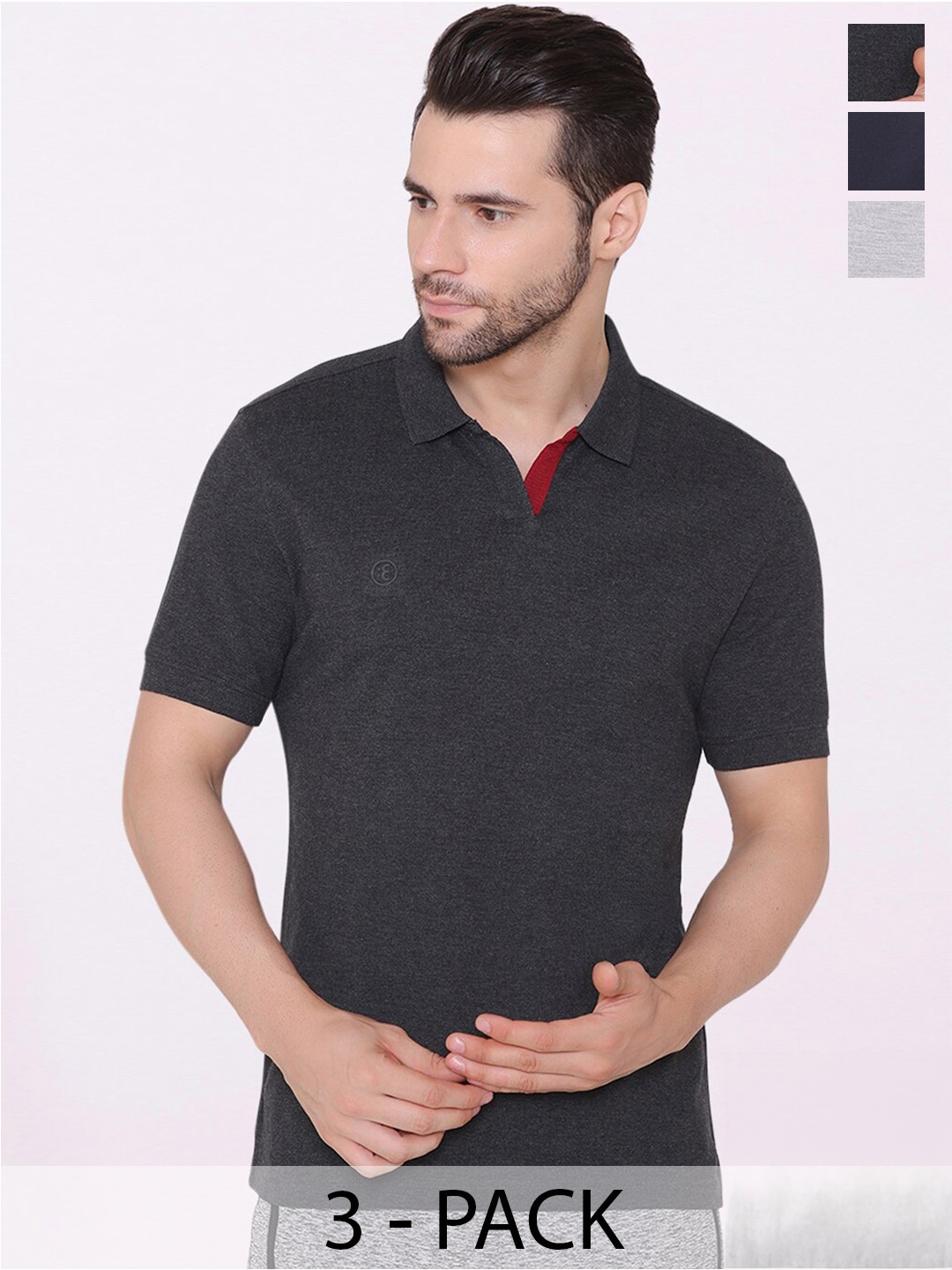 

BODYACTIVE Pack Of 3 Polo Collar Cotton T-shirt, Grey