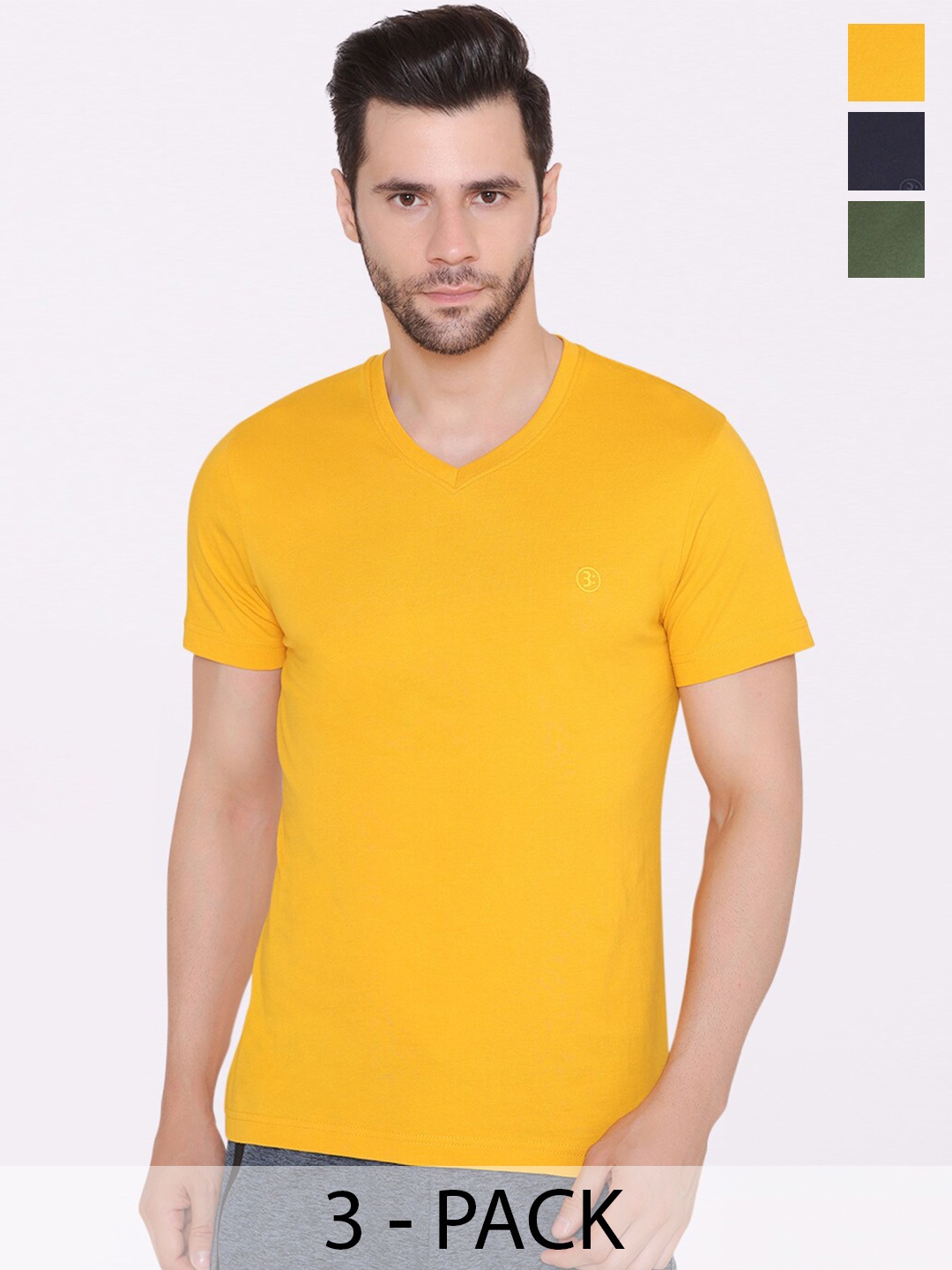 

BODYACTIVE Pack Of 3 V-Neck Cotton T-shirt, Yellow