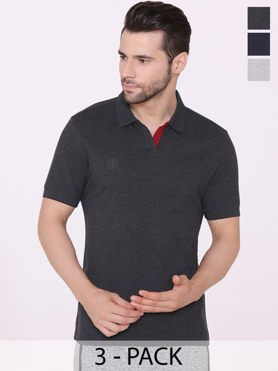 

BODYACTIVE Pack Of 3 Polo Collar Cotton T-shirt, Charcoal