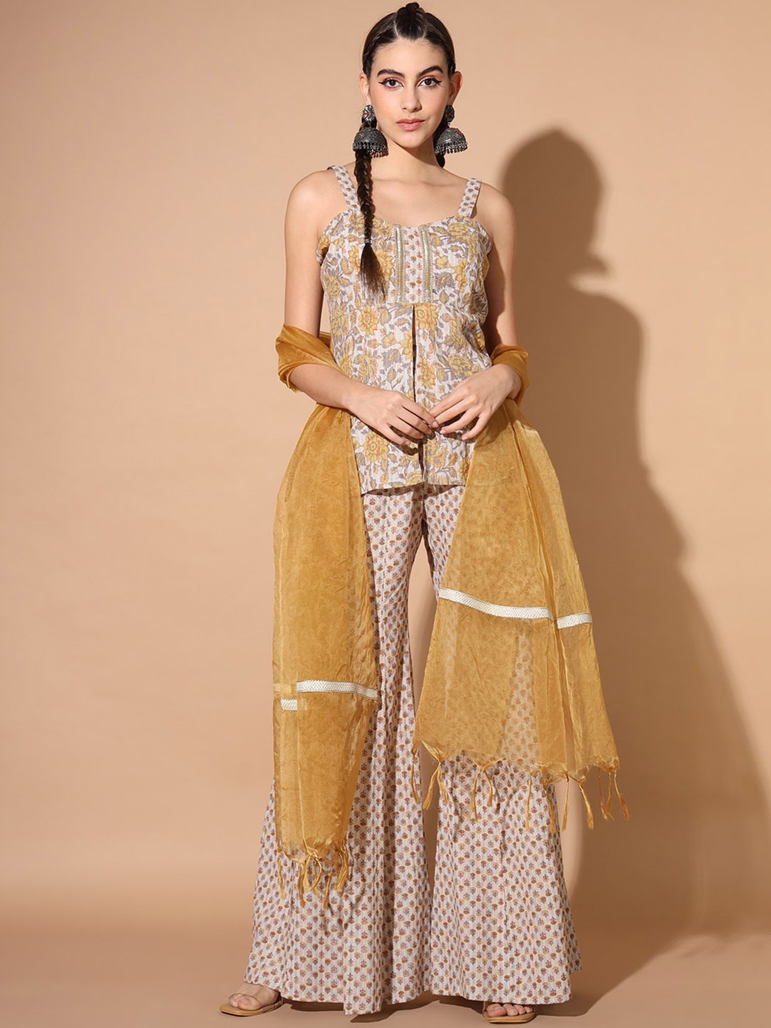 

Cation Ethnic Motif Printed Empire Pure Cotton A-Line Kurta & Sharara With Dupatta, Mustard