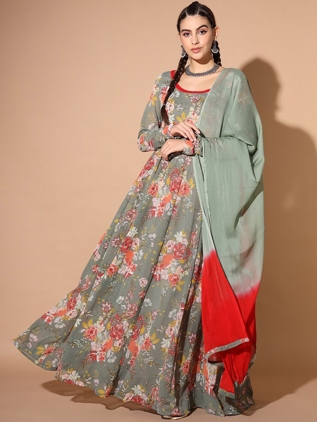 

Cation Floral Printed Maxi Dress With Dupatta, Green