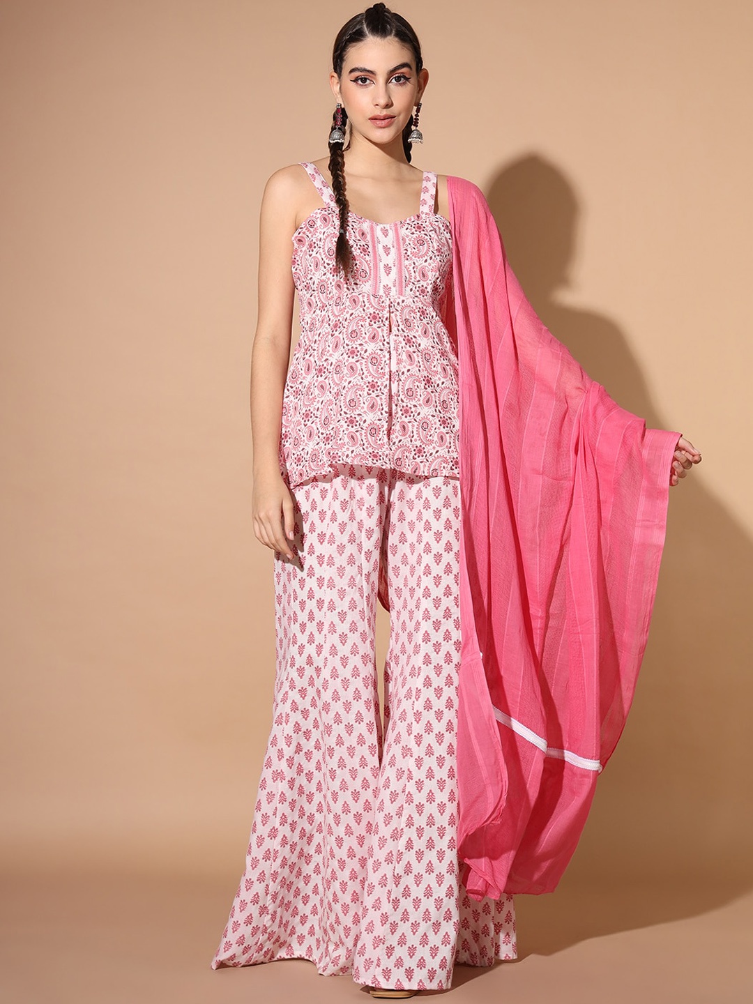

Cation Paisley Printed Empire Pure Cotton Kurta With Sharara & Dupatta, Pink