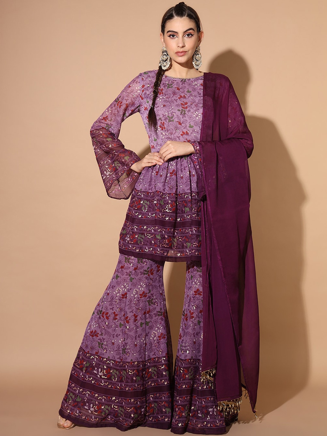 

Cation Floral Printed Regular Kurti With Sharara & Dupatta, Purple