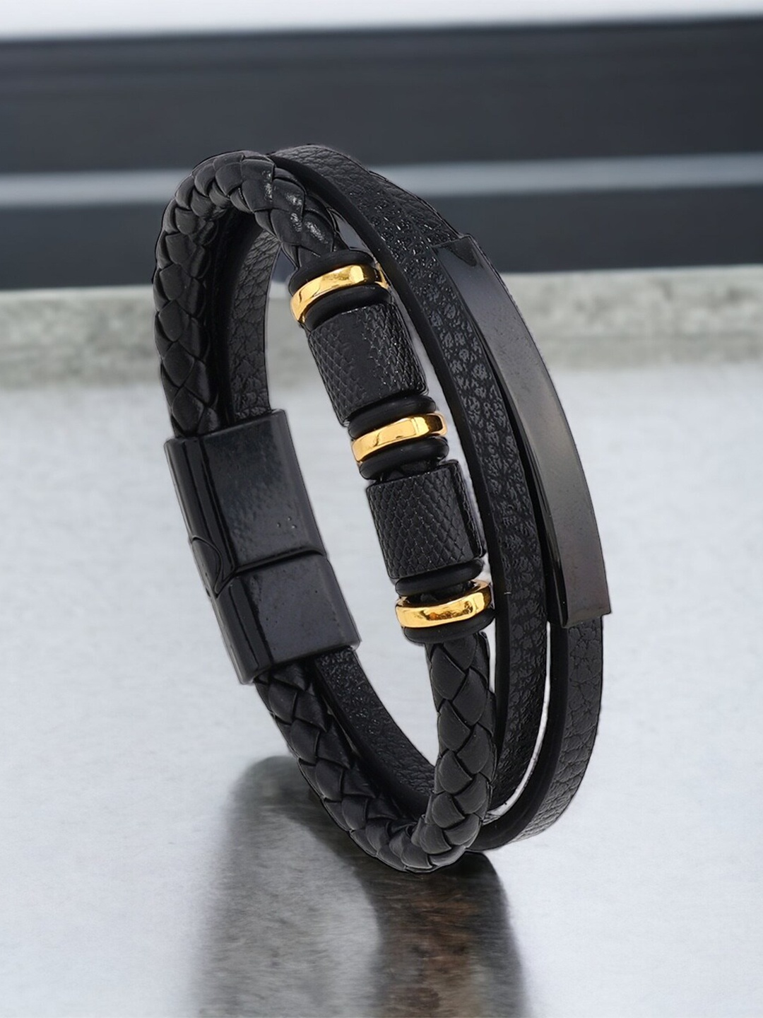 

MYKI Men Leather Wraparound Bracelet, Black