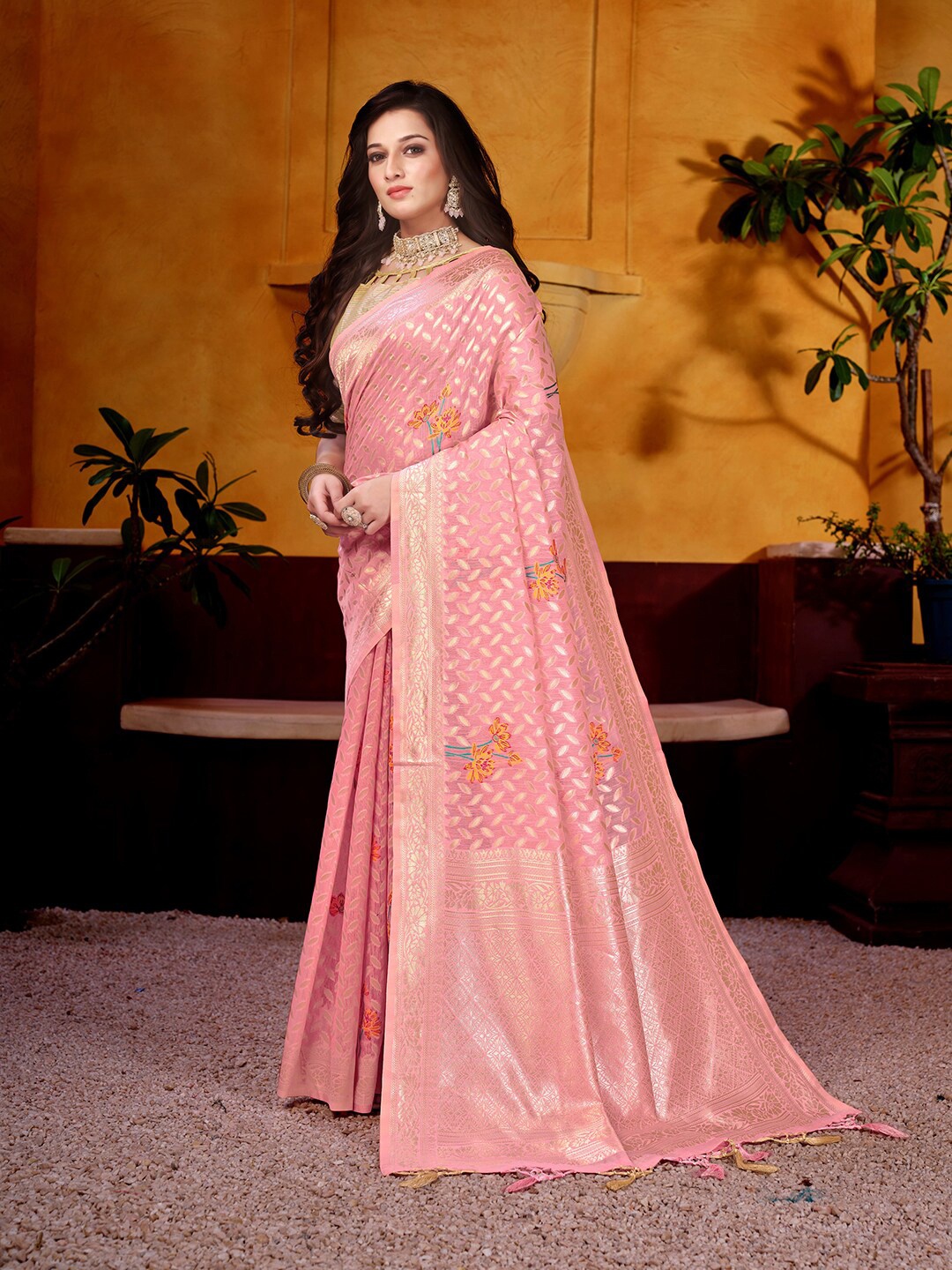 

Kasak Floral Woven Design Zari Pure Cotton Kanjeevaram Saree, Pink