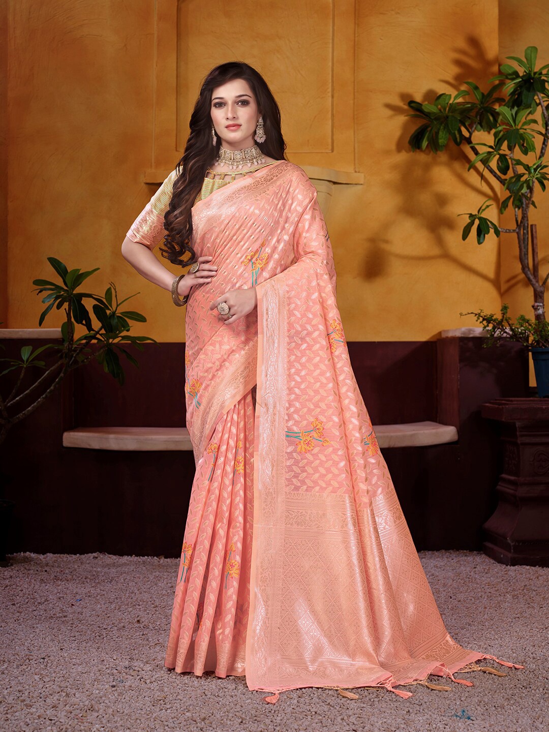 

Kasak Floral Woven Design Zari Pure Cotton Kanjeevaram Saree, Peach
