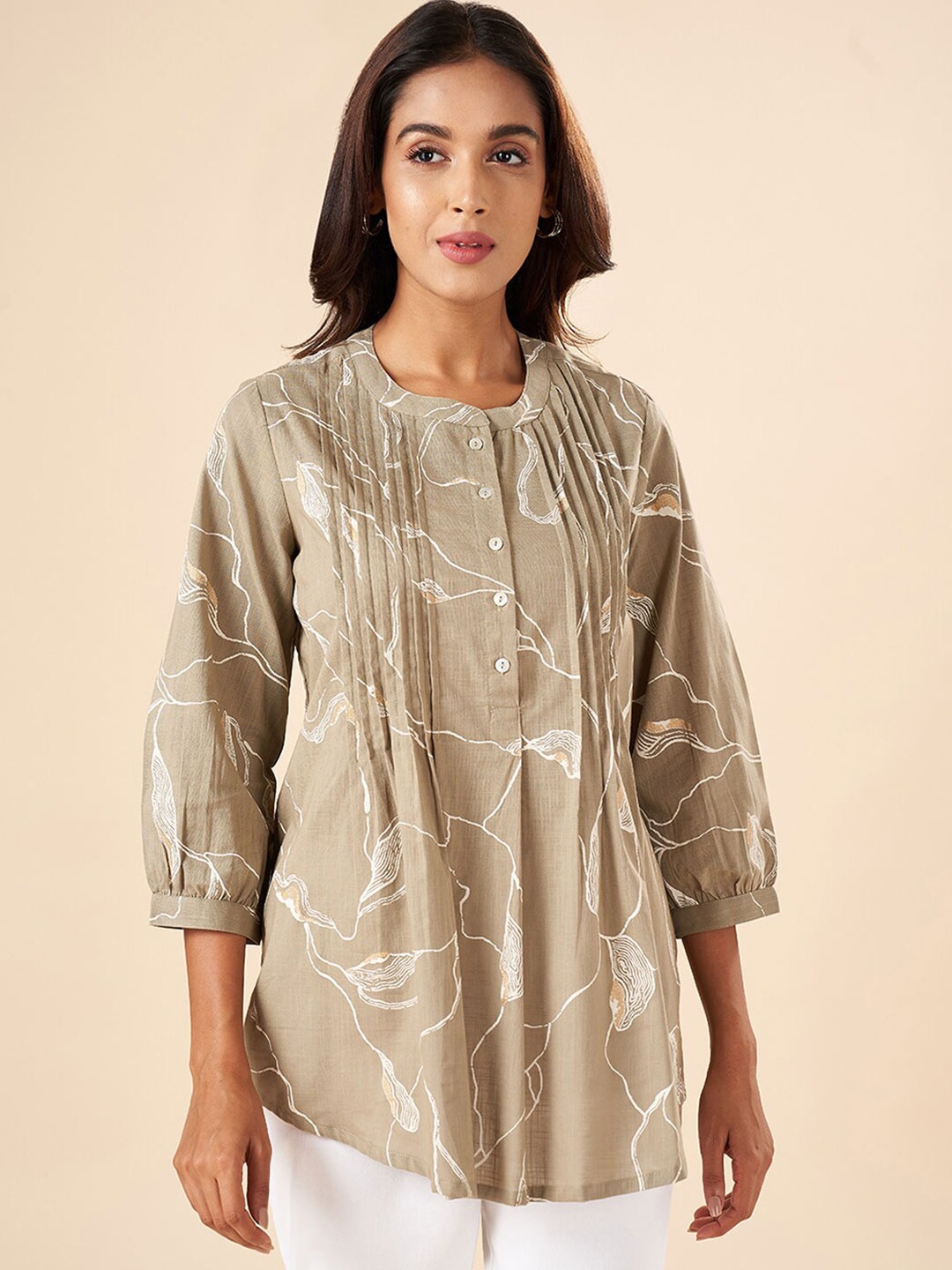 

AKKRITI BY PANTALOONS Printed Mandarin Collar Cotton Tunic, Grey