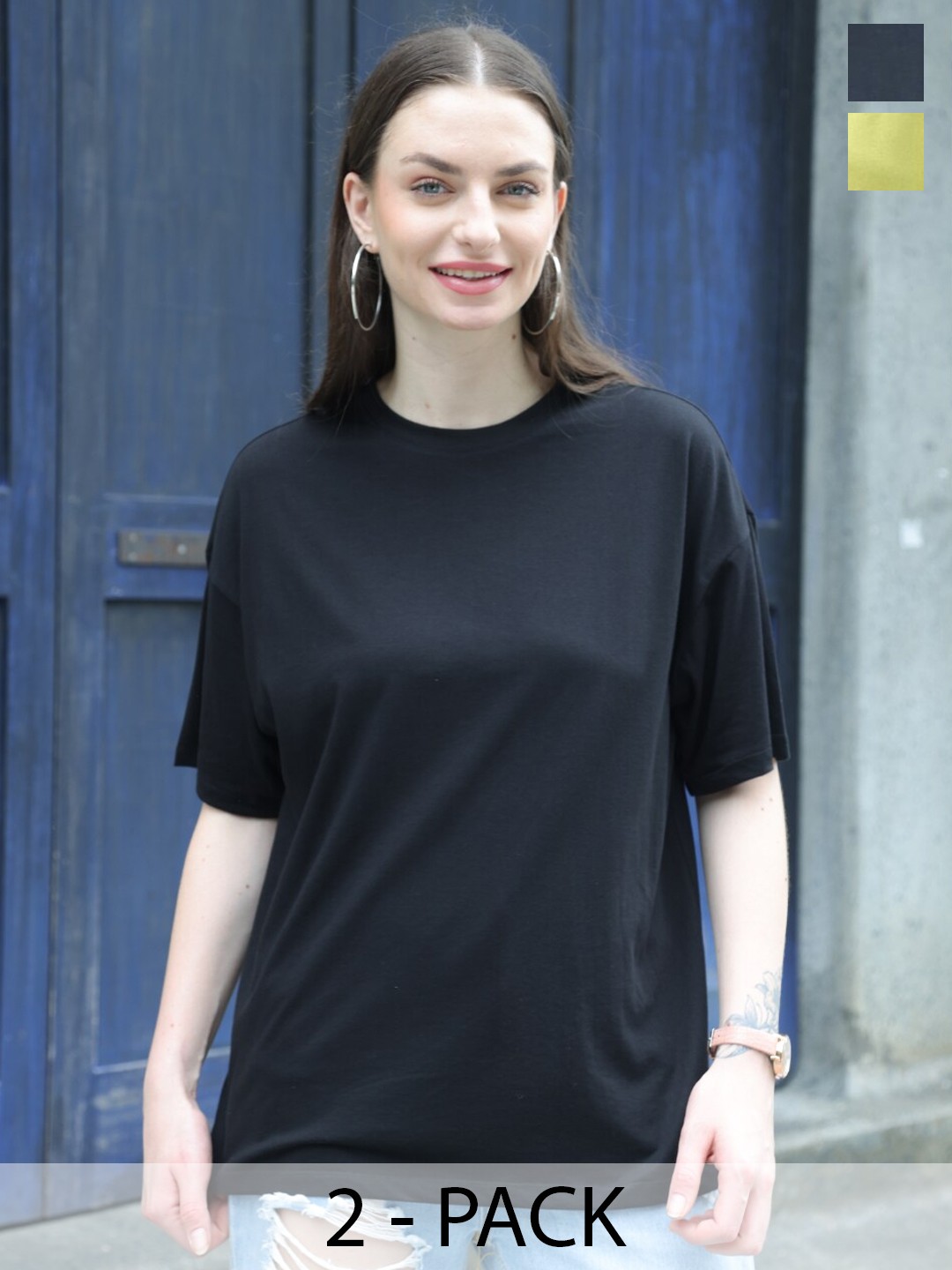 

TITTLI Pack Of 2 Drop-Shoulder Sleeves Pure Cotton Longline Oversized T-shirt, Black