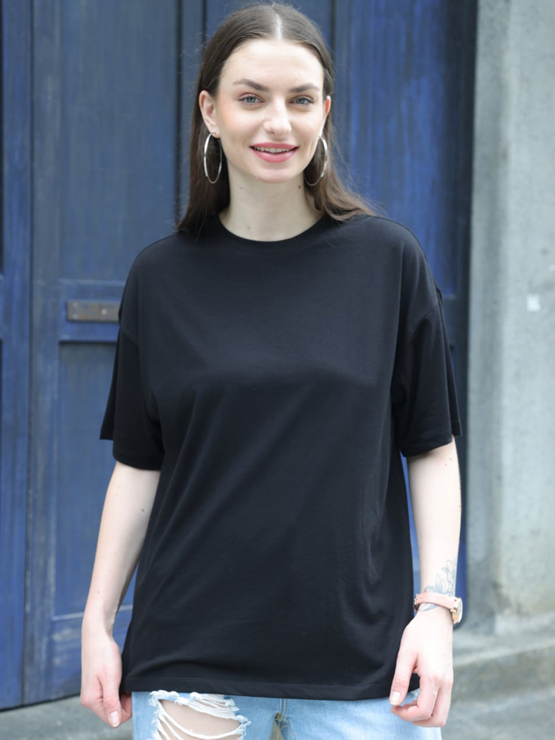 

TITTLI Pack Of 2 Drop-Shoulder Sleeves Pure Cotton Longline Oversized T-shirt, Black