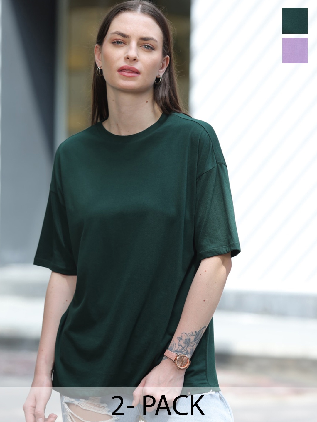 

TITTLI Pack Of 2 Round Neck Drop-Shoulder Sleeves Pure Cotton Boxy T-shirt, Green