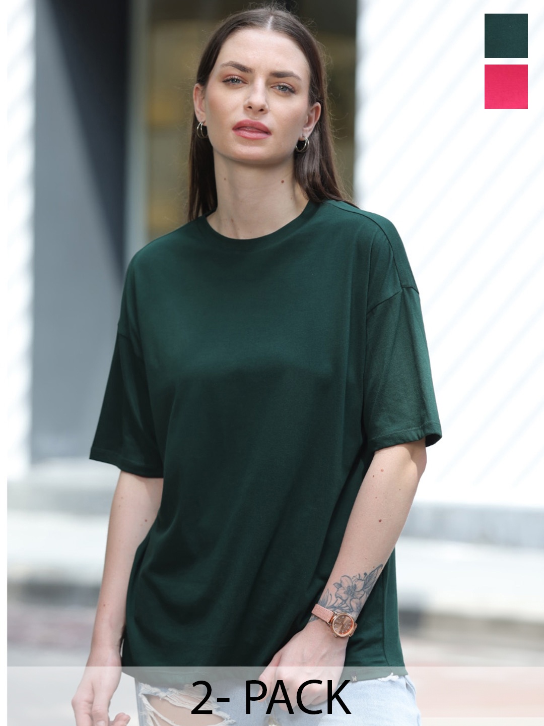

TITTLI Pack of 2 Pure Cotton Boxy T-shirt, Green