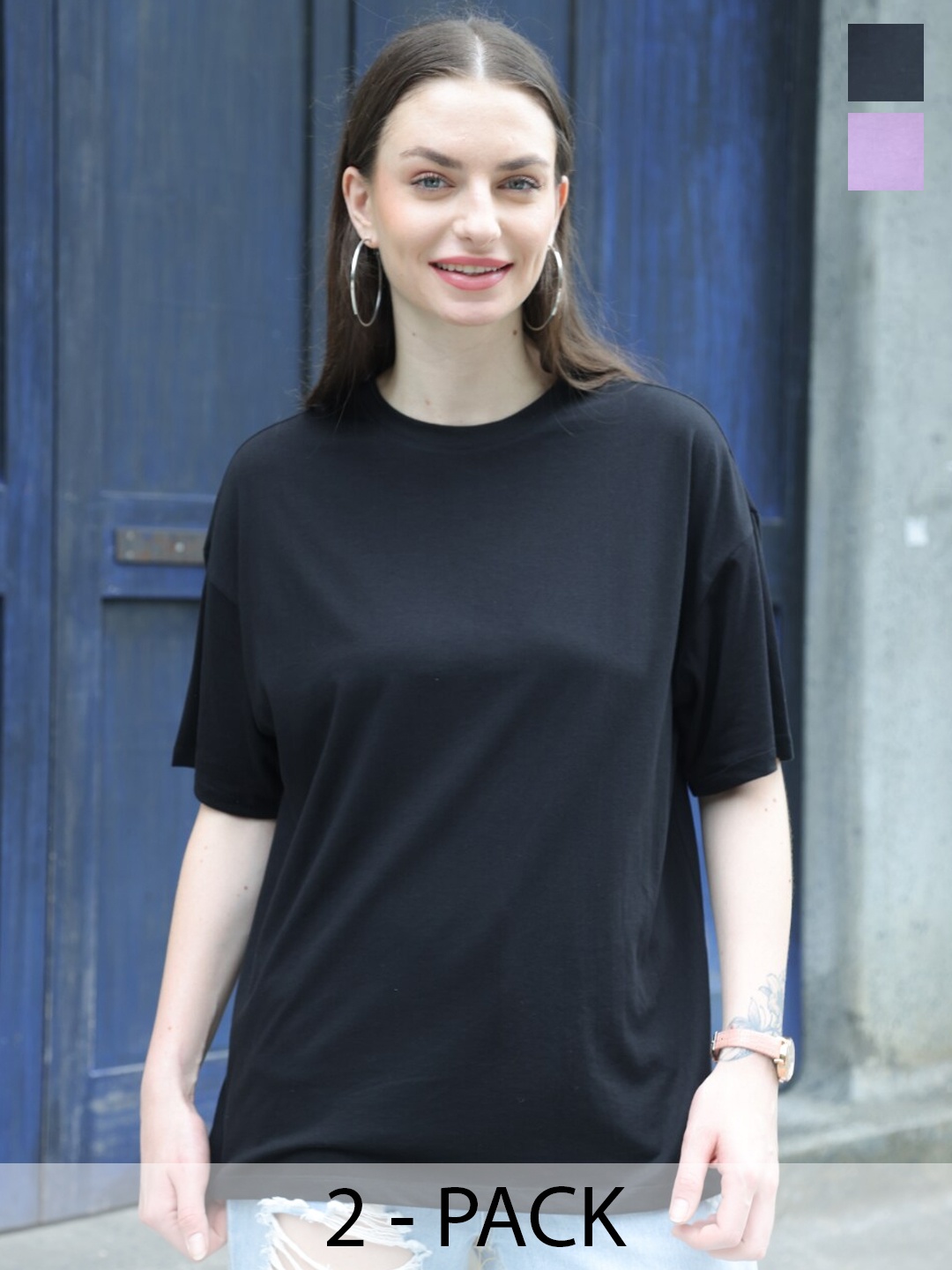 

TITTLI Pack Of 2 Oversized Pure Cotton Boxy T-shirt, Black
