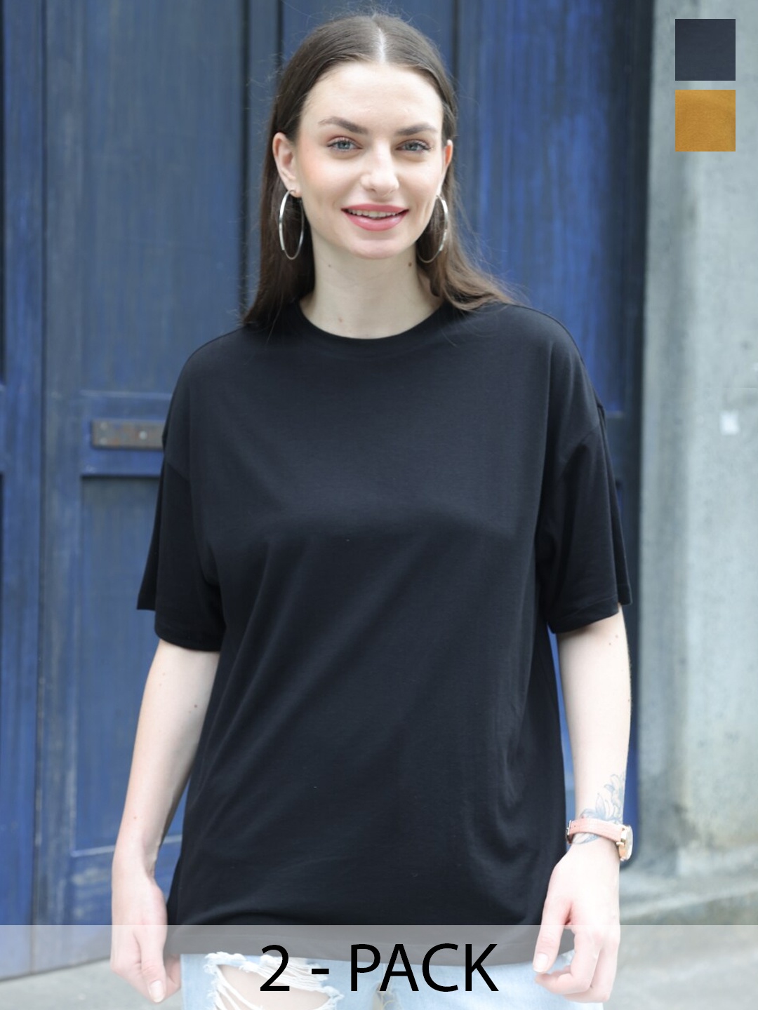 TITTLI Pack Of 2 Oversized Pure Cotton Boxy T-shirt, Black