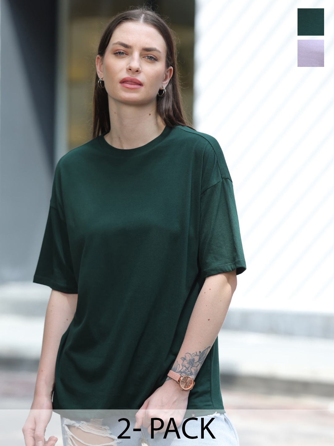 

TITTLI Pack Of 2 Oversized Pure Cotton Boxy T-shirt, Green
