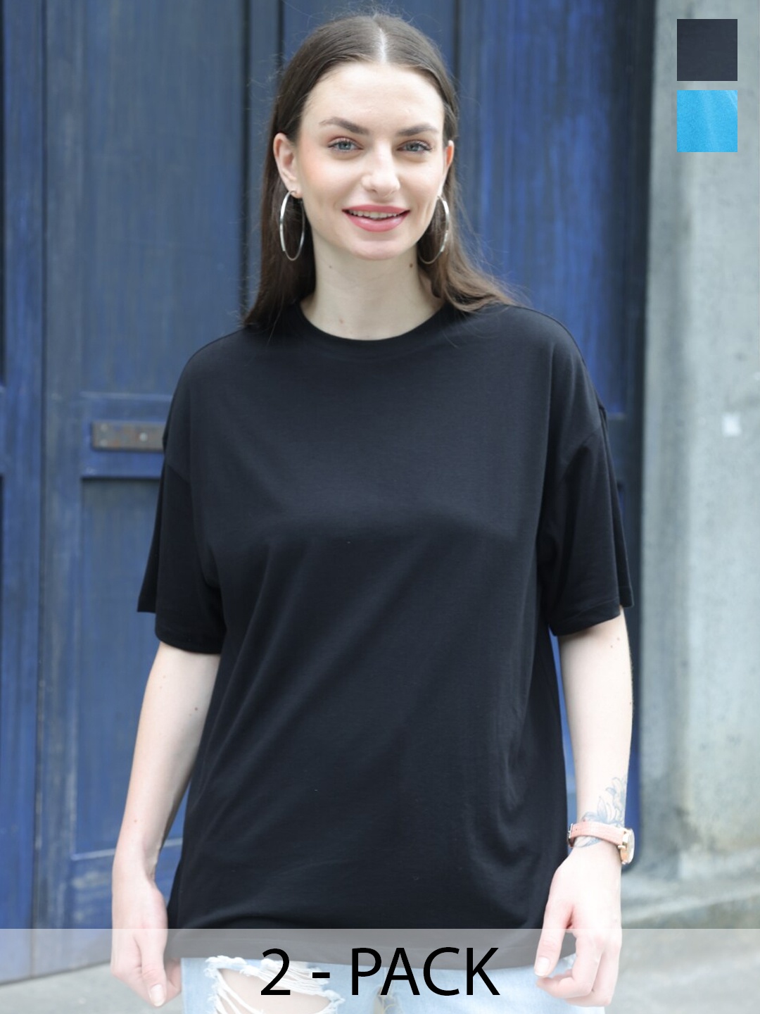 

TITTLI Pack Of 2 Oversized Pure Cotton Boxy T-shirt, Black