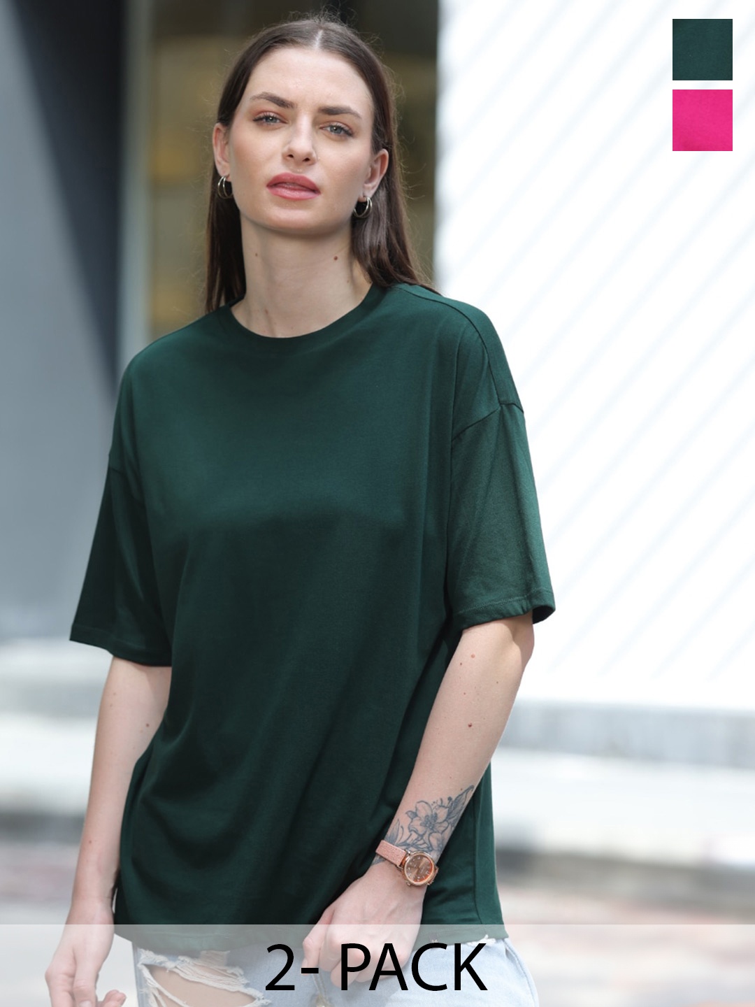 TITTLI Pack of 2 Pure Cotton Oversized T-shirts, Green