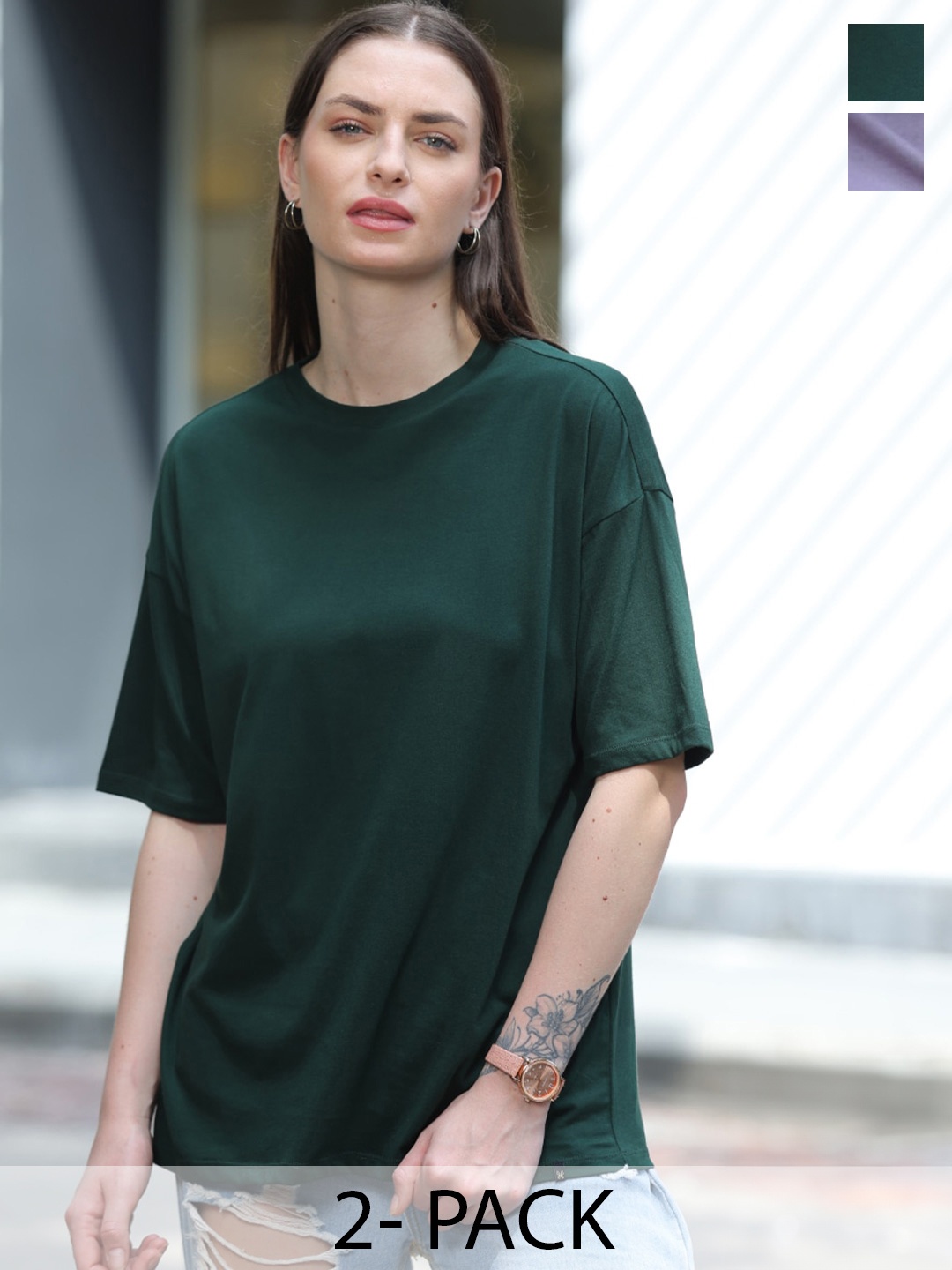 

TITTLI Pack Of 2 Striped Pure Cotton Oversized T-shirt, Green