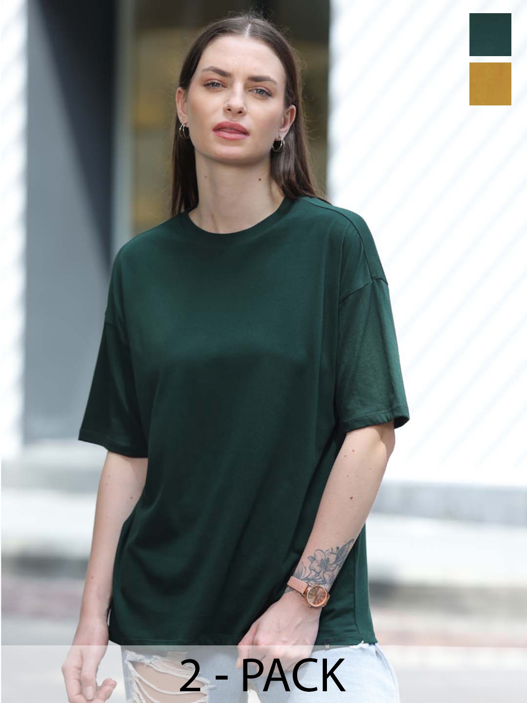 

TITTLI Pack Of 2 Drop-Shoulder Sleeves Oversized Pure Cotton T-shirt, Green