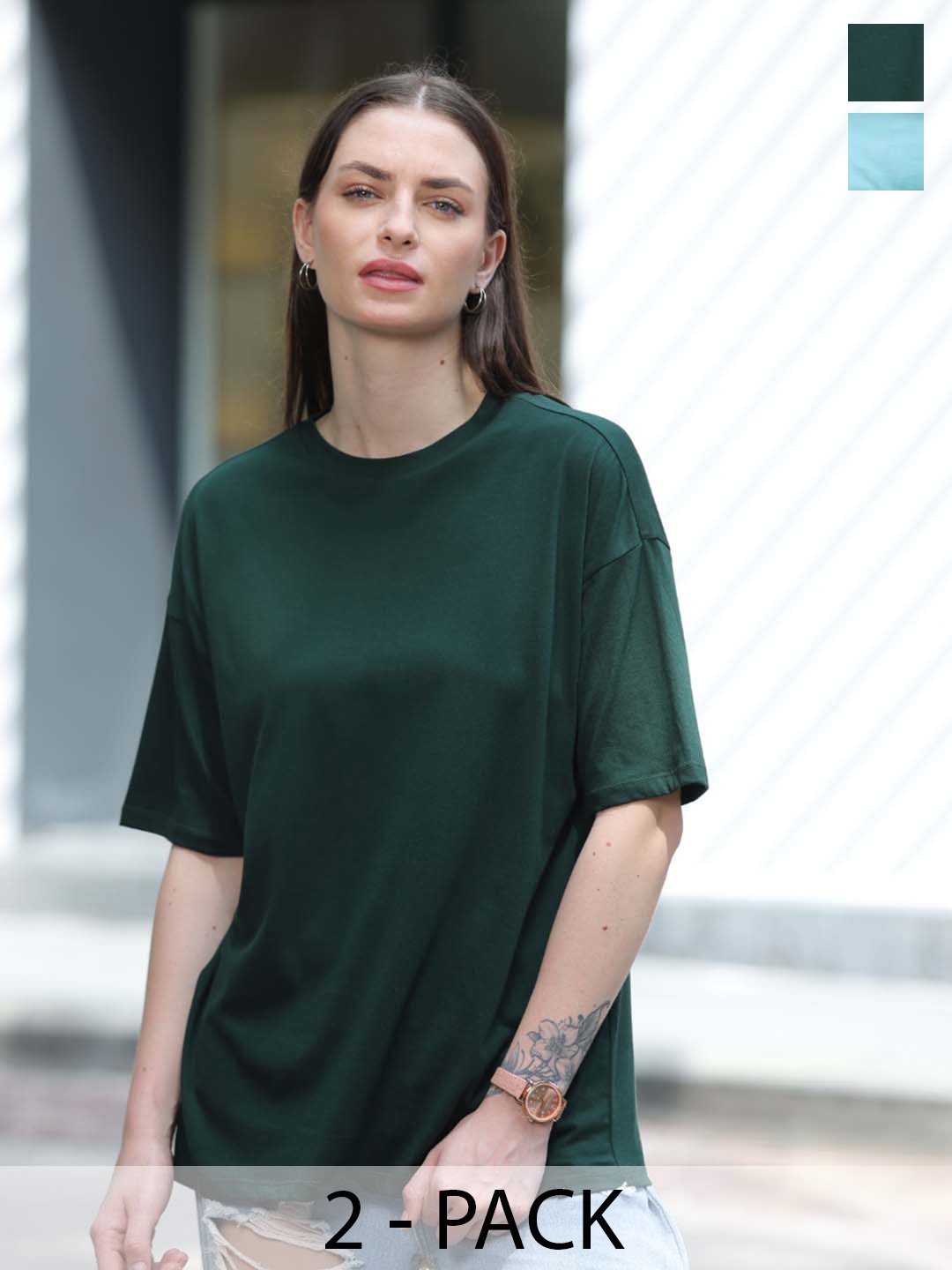 TITTLI Pack Of 2 Oversized Longline Pure Cotton T-shirts, Green
