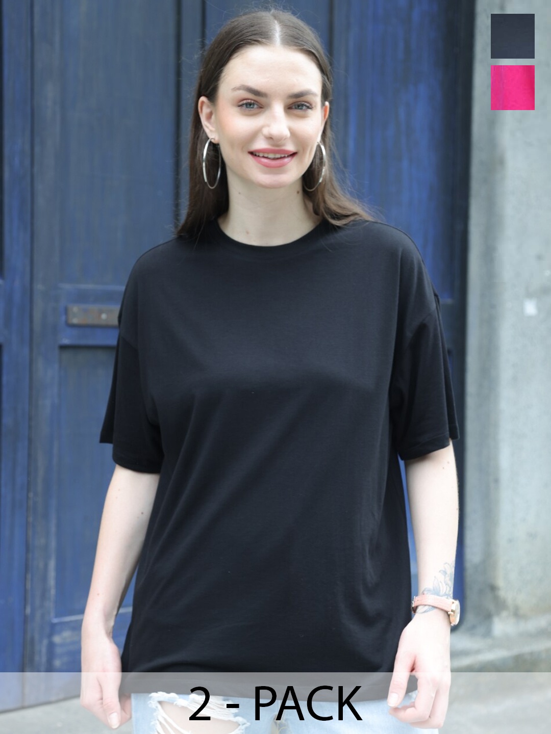 

TITTLI Pack Of 2 Oversized Longline Pure Cotton T-shirts, Black
