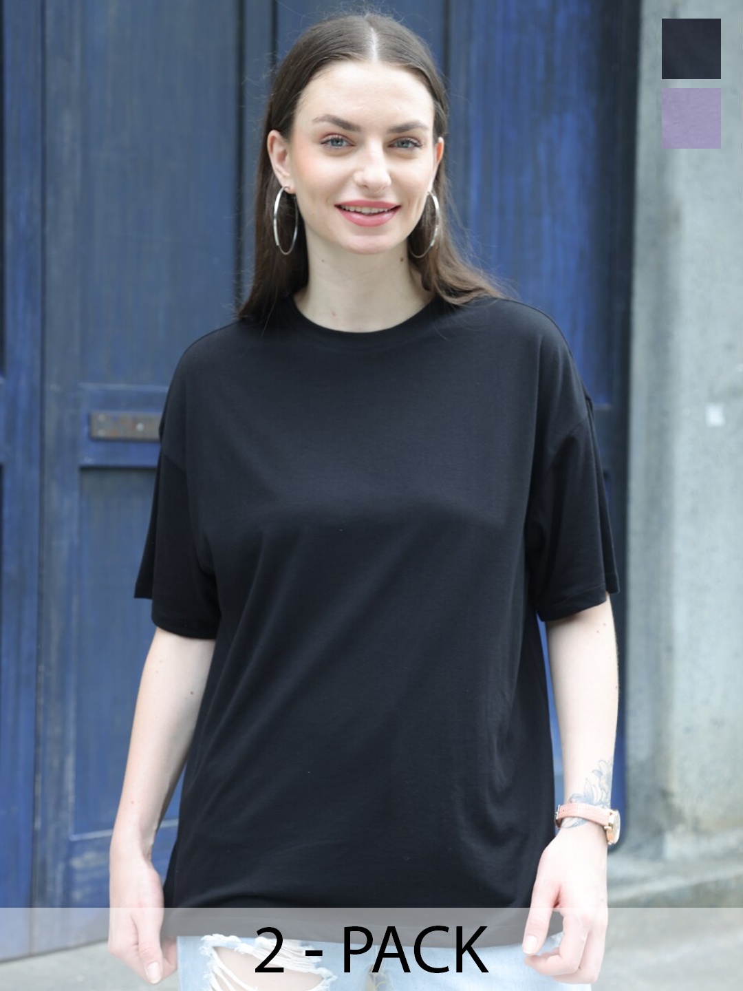 

TITTLI Pack Of 2 Oversized Longline Pure Cotton T-shirts, Black