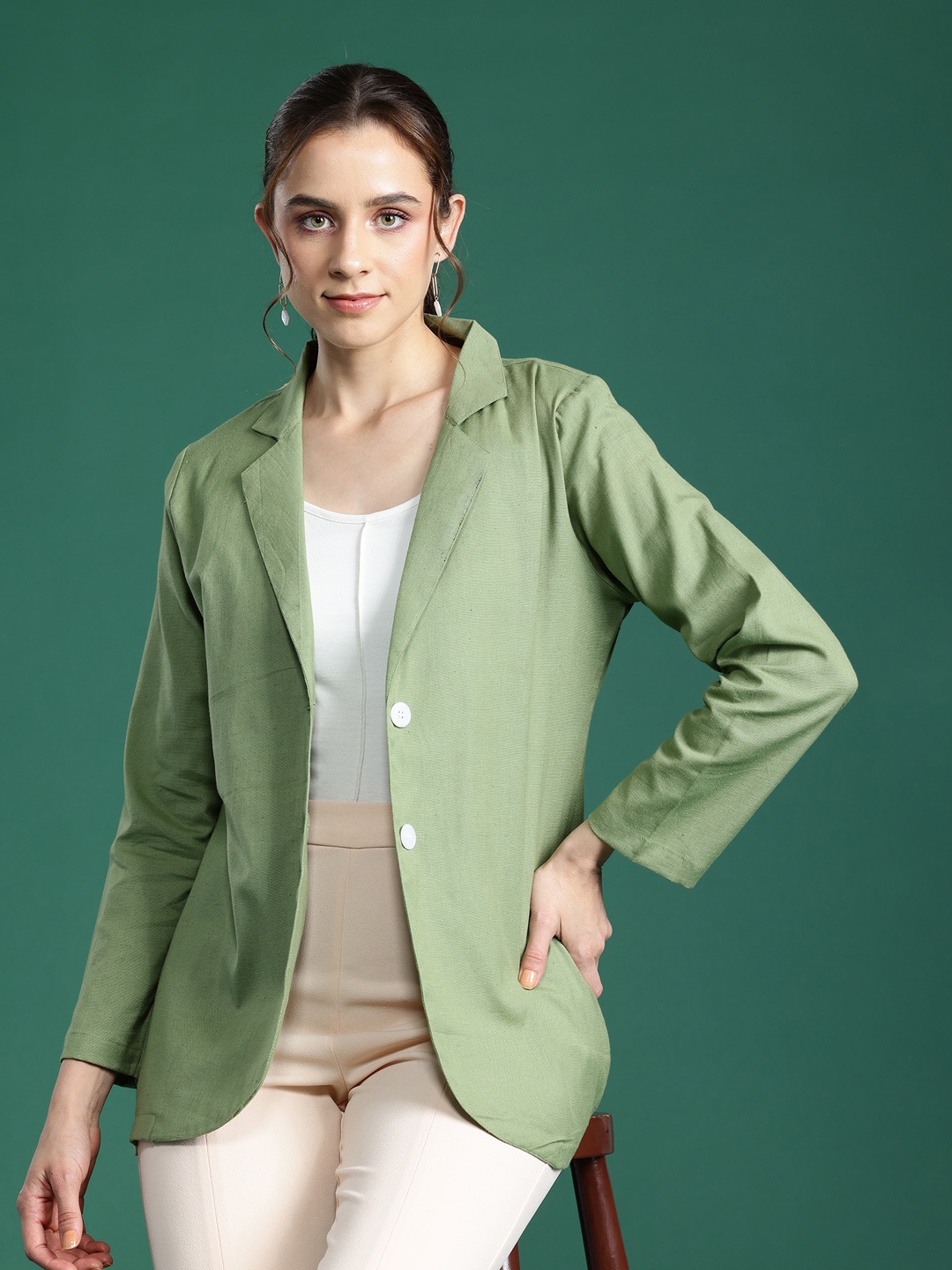 

DressBerry Women Solid Boyfriend Fit Single Breasted Blazer, Olive