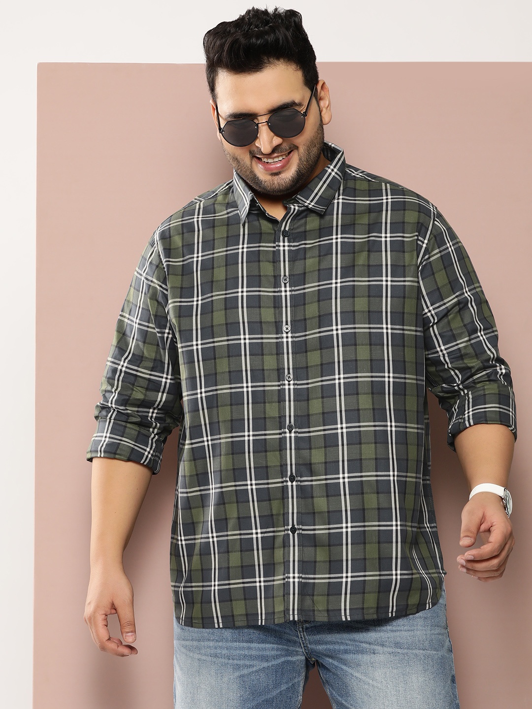 

Sztori Men Plus Size Classic Opaque Checked Casual Shirt, Green