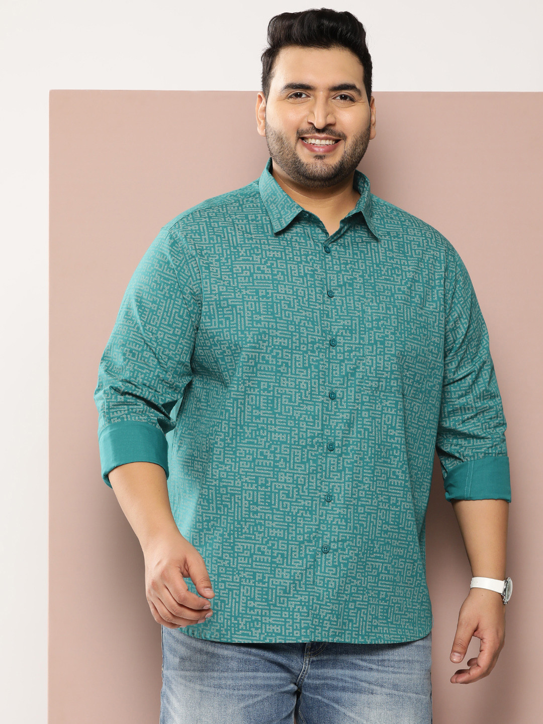 

Sztori Men Plus Size Classic Opaque Printed Casual Shirt, Green