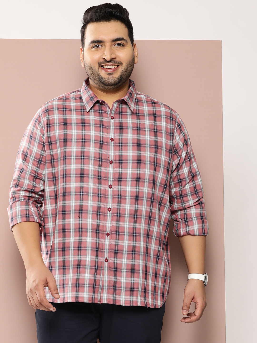 

Sztori Men Plus Size Classic Opaque Checked Casual Shirt, Rose