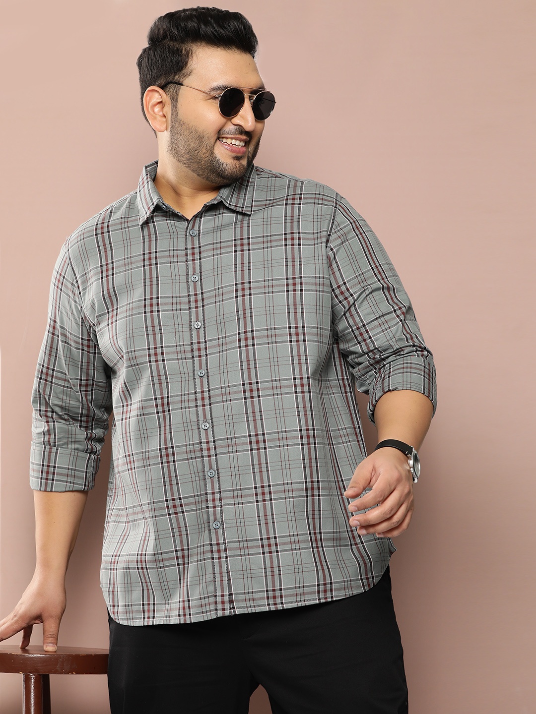 

Sztori Men Plus Size Classic Opaque Checked Casual Shirt, Grey