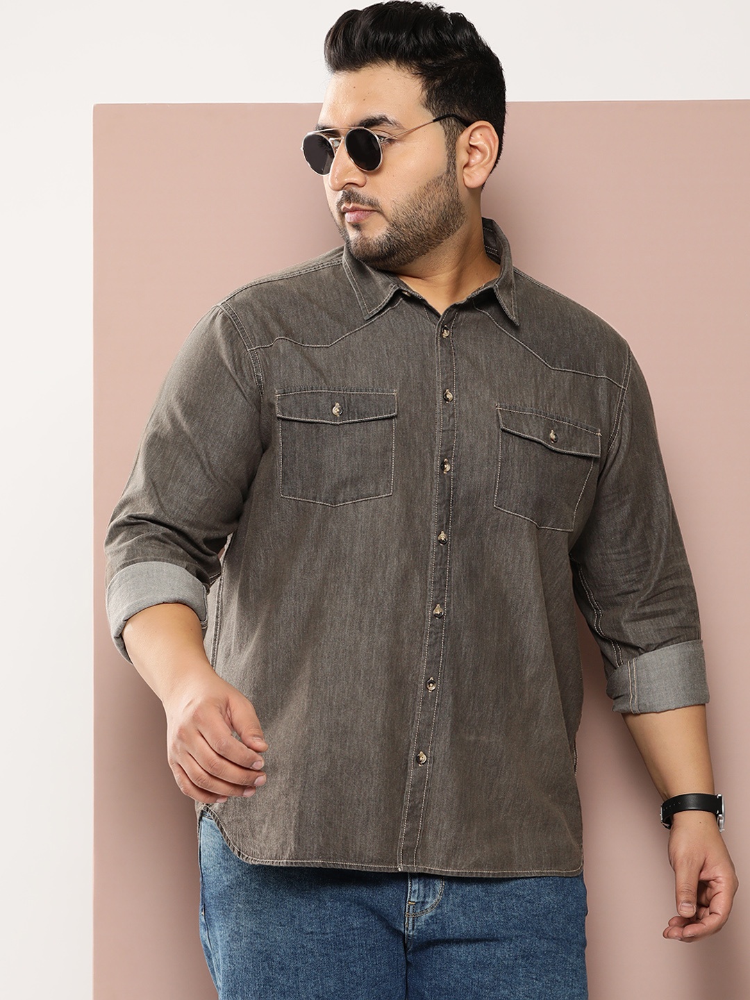 

Sztori Men Plus Size Classic Solid Casual Shirt, Grey