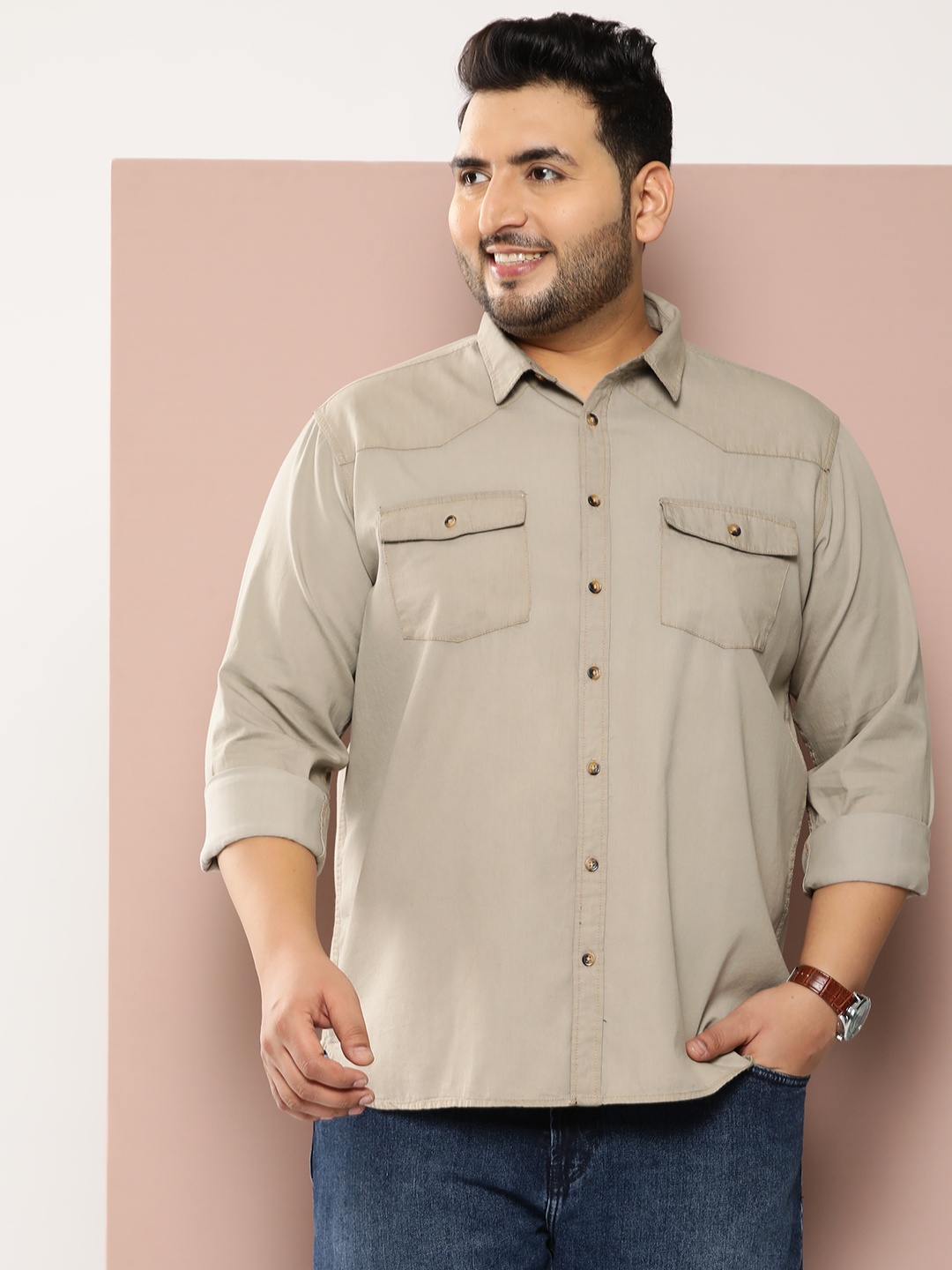 

Sztori Men Plus Size Classic Solid Casual Shirt, Beige