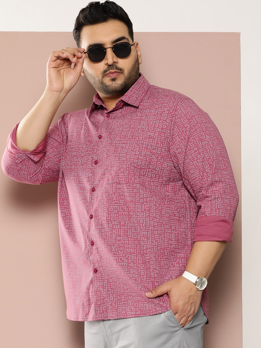 

Sztori Men Plus Size Classic Printed Pure Cotton Casual Shirt, Pink