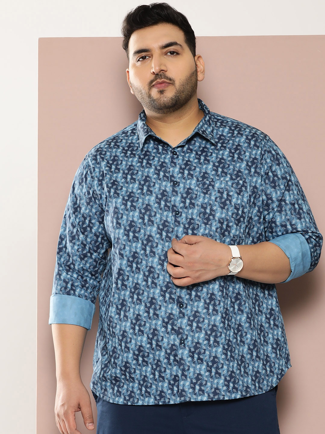

Sztori Men Plus Size Classic Printed Pure Cotton Casual Shirt, Blue