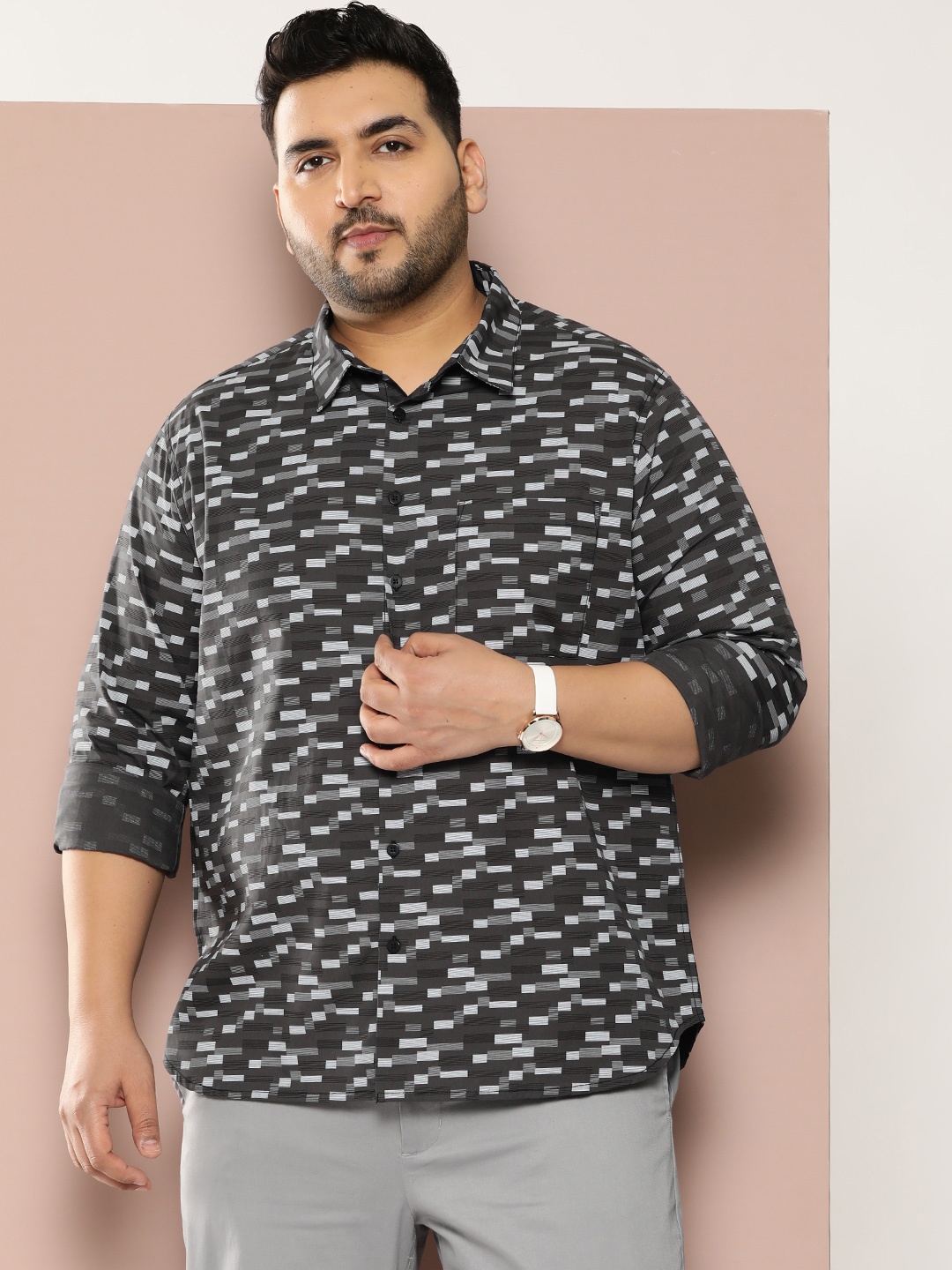 

Sztori Men Plus Size Classic Printed Pure Cotton Casual Shirt, Charcoal