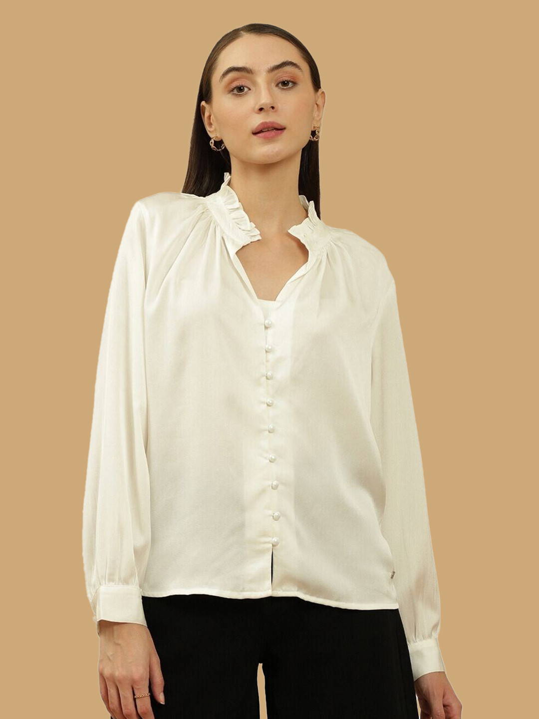 

Beatnik Mandarin Collar Ruffle Detail Casual Shirt, Off white