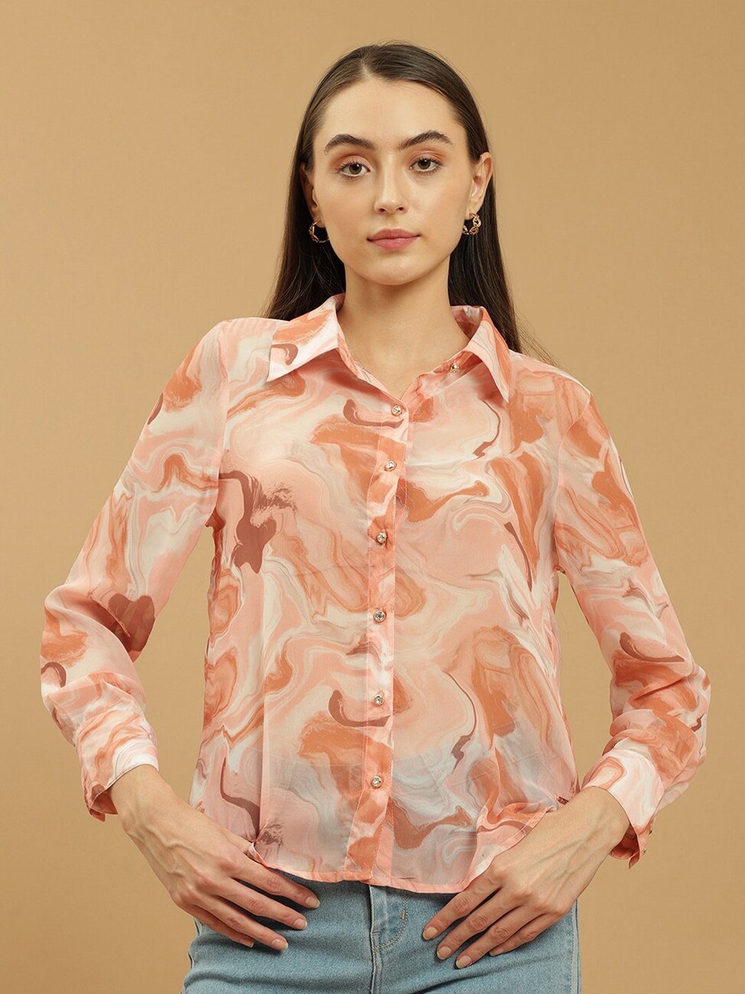 

Beatnik Absttract Printed Georgette Casual Shirt, Brown