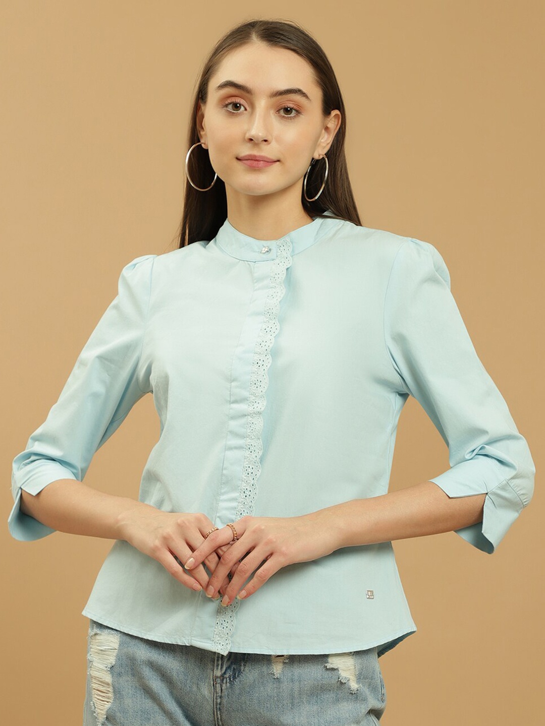 

Beatnik Band Collar Puff Sleeves Cotton Shirt, Blue