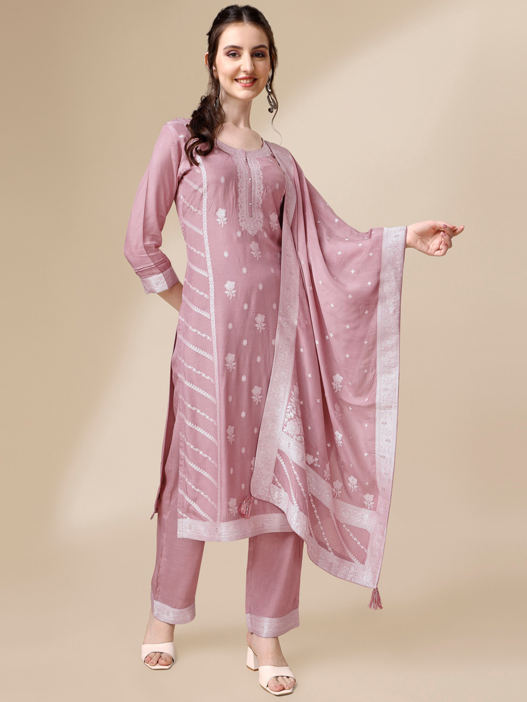 

Seerat Ethnic Motifs Woven Design Tussar Silk Straight Kurta with Trousers & Dupatta, Pink