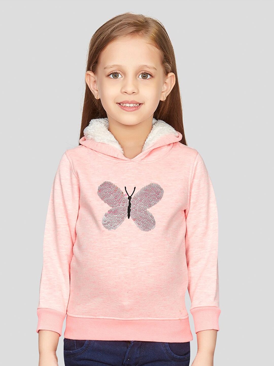 

Peppermint Girls Conversational Printed Hooded Pullover, Peach