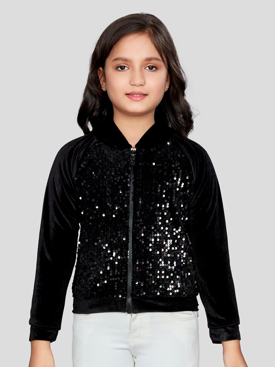 

Peppermint Girls Embellished Front Open Hooded Sweatshirt, Black