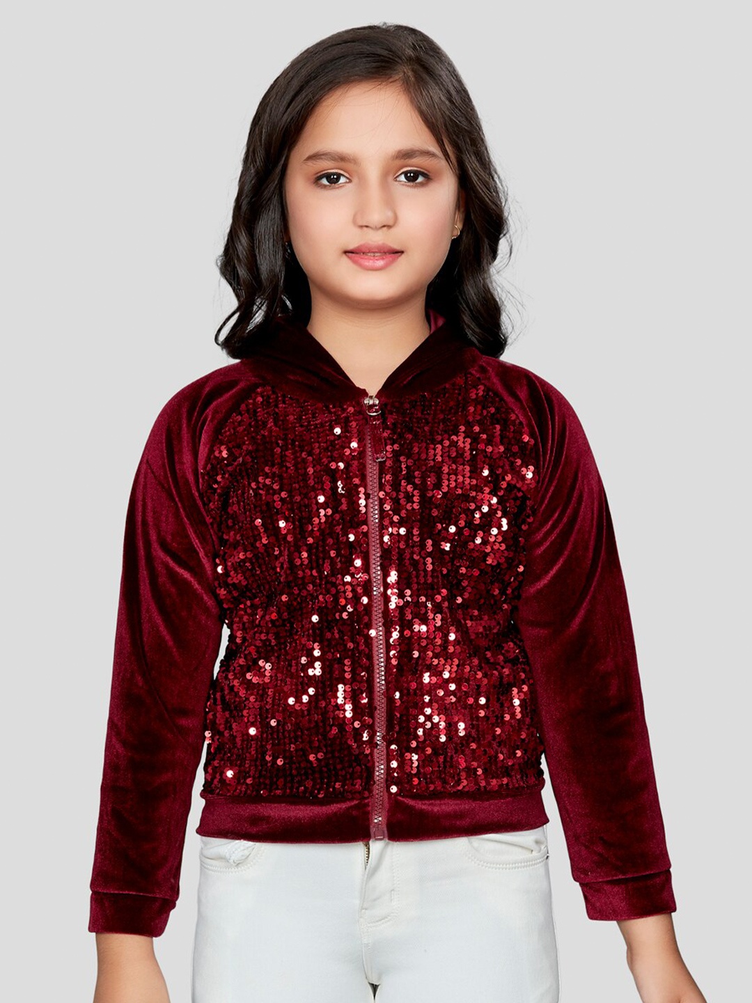 

Peppermint Girls Embellished Hooded Front Open Sweatshirt, Maroon