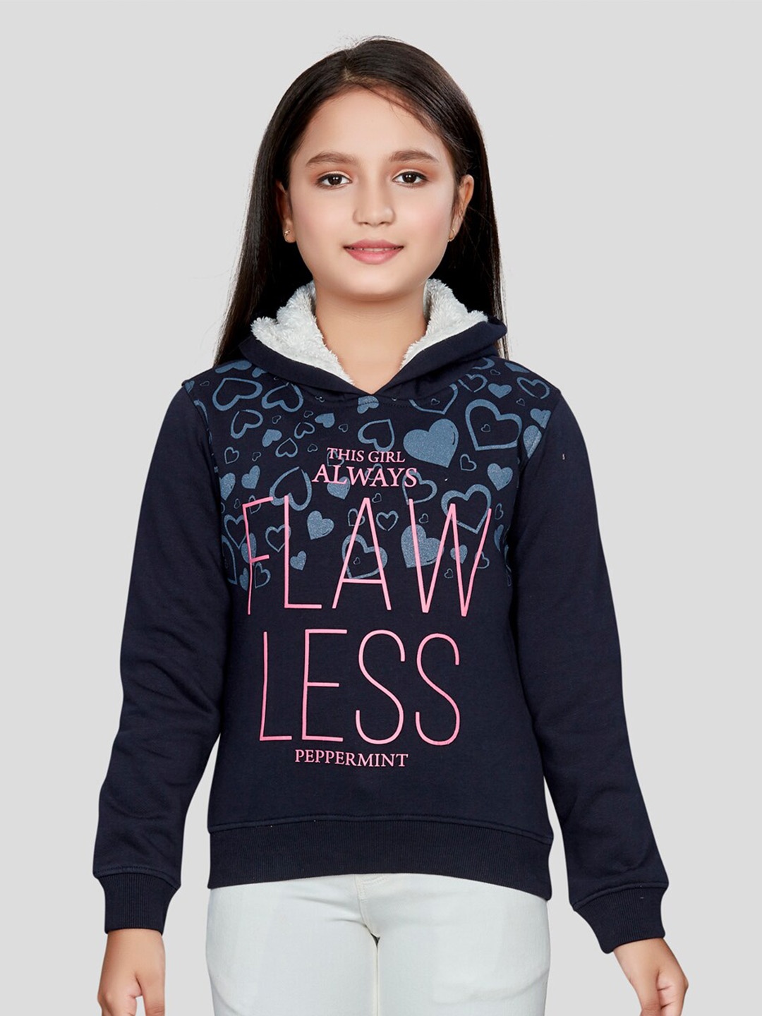 

Peppermint Girls Typography Printed Hooded Pullover, Navy blue