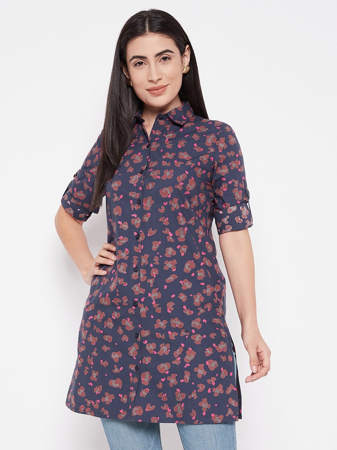 

Ruhaans Abstract Printed Shirt Collar Cotton Tunic, Blue