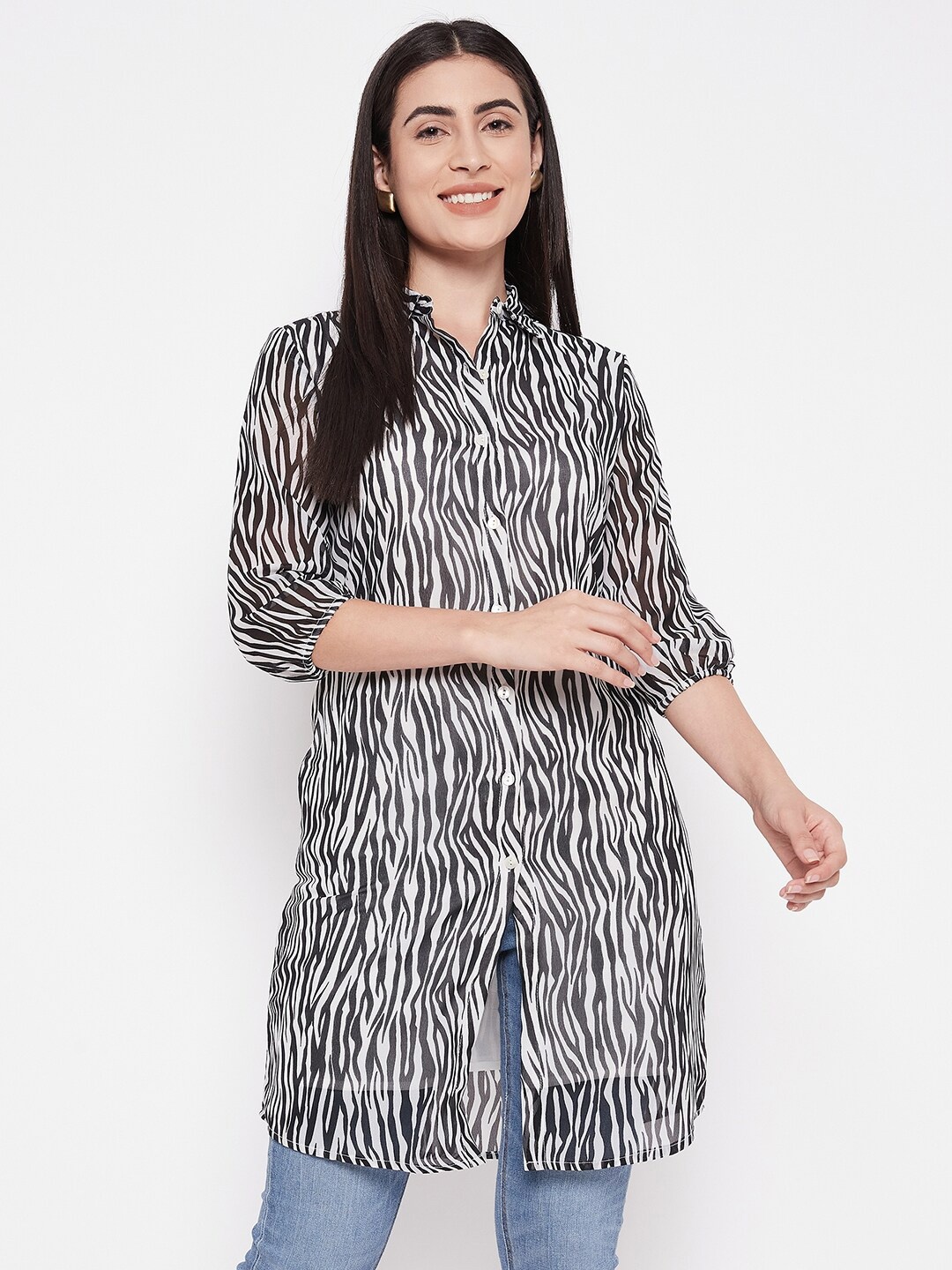 

Ruhaans Animal Printed Shirt Collar Tunic, White