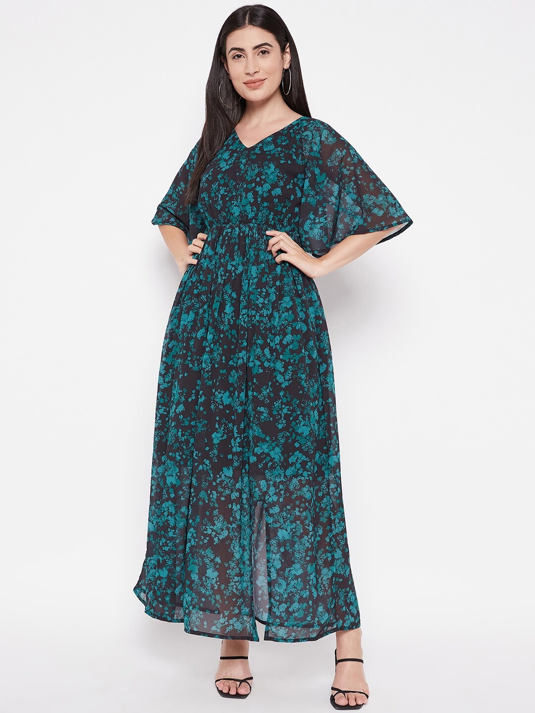 

Ruhaans Floral Printed Flared Sleeve Georgette Maxi Dress, Black