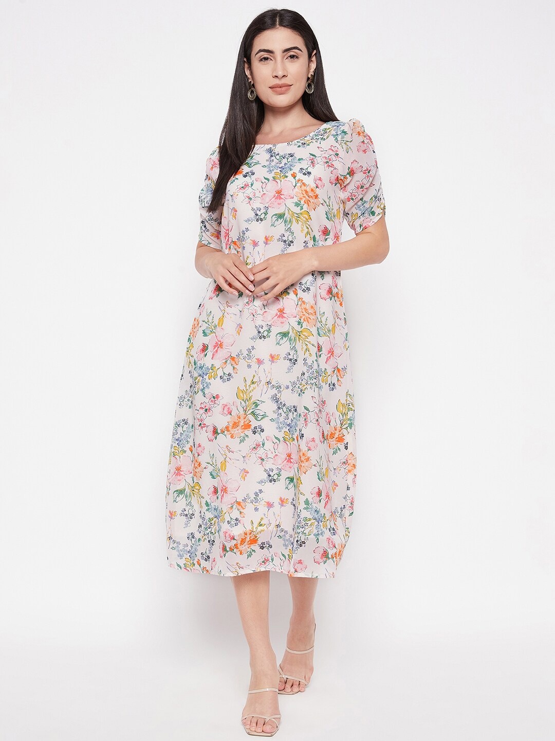 

Ruhaans Floral Printed Puff Sleeves Georgette A-Line Midi Dress, Off white