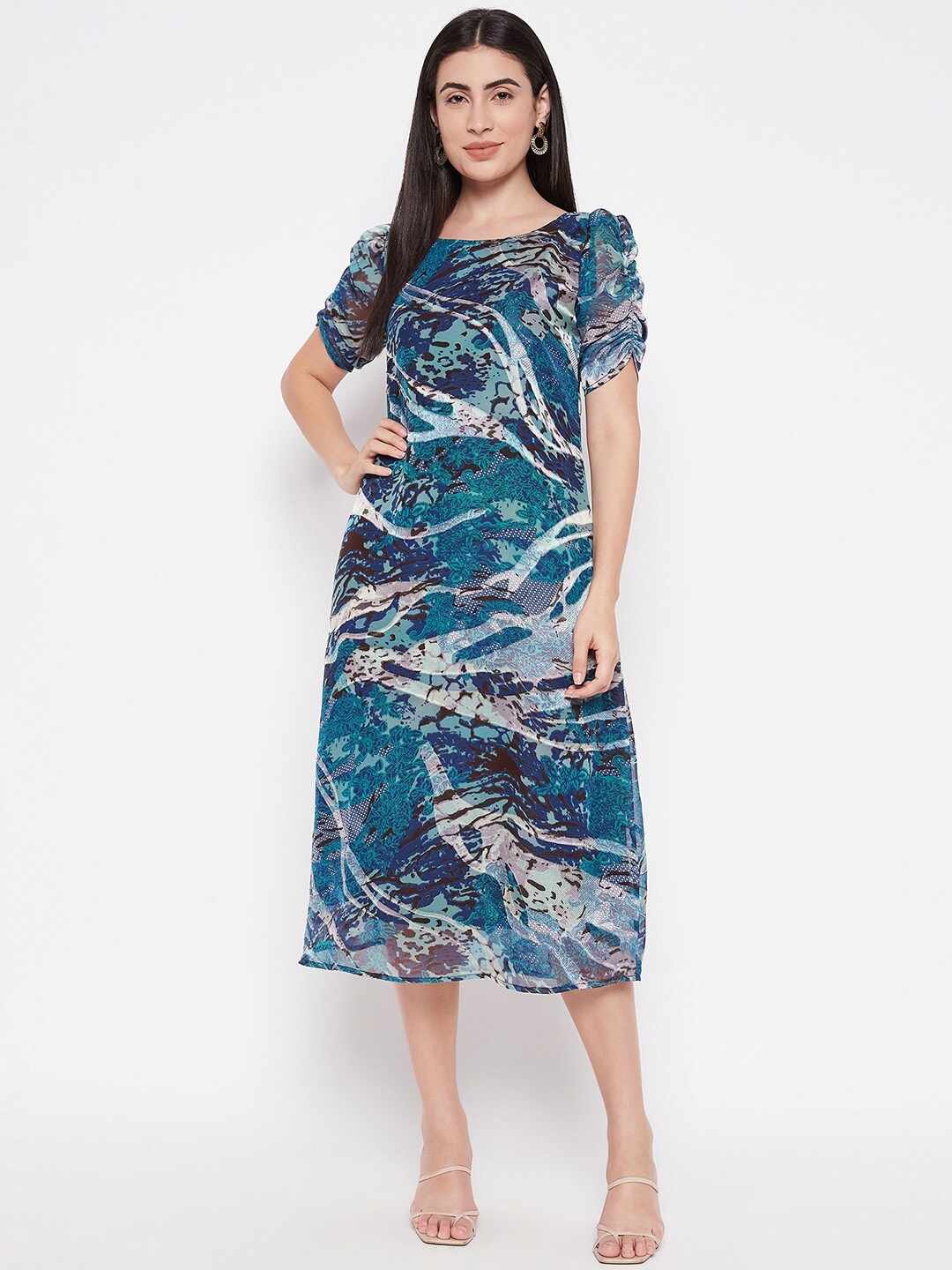 

Ruhaans Printed Puff Sleeves A-Line Midi Dress, Blue